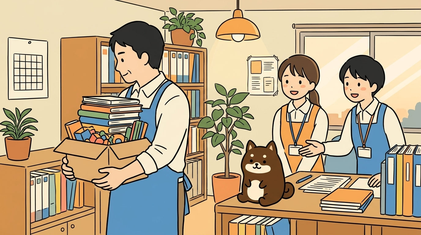 たくさんのノートや道具を大切そうに抱えるベテラン職員を、若い職員と柴犬のマスコットが見守っているイメージ