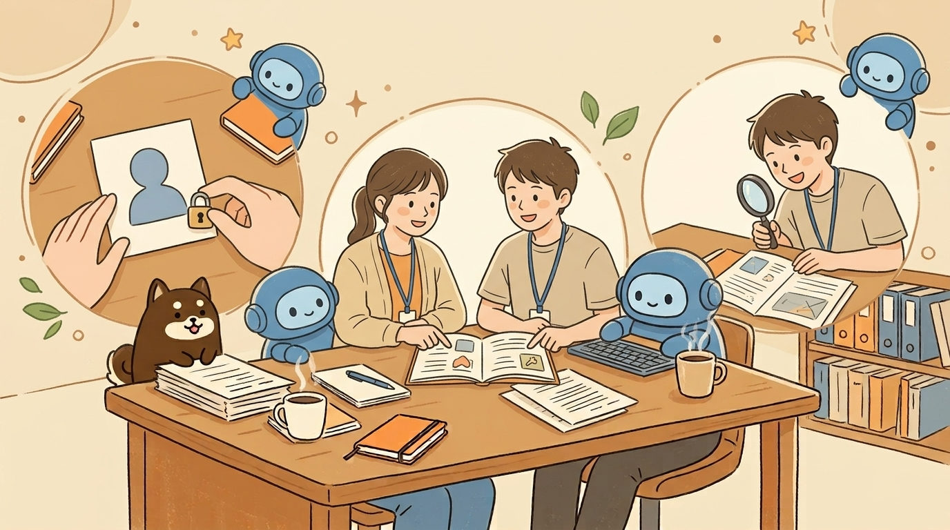 個人情報を守る、確認する、人の目で見る。AIを使う前の三つの約束を、職員とAIロボット、柴犬が一緒に確かめているイメージ