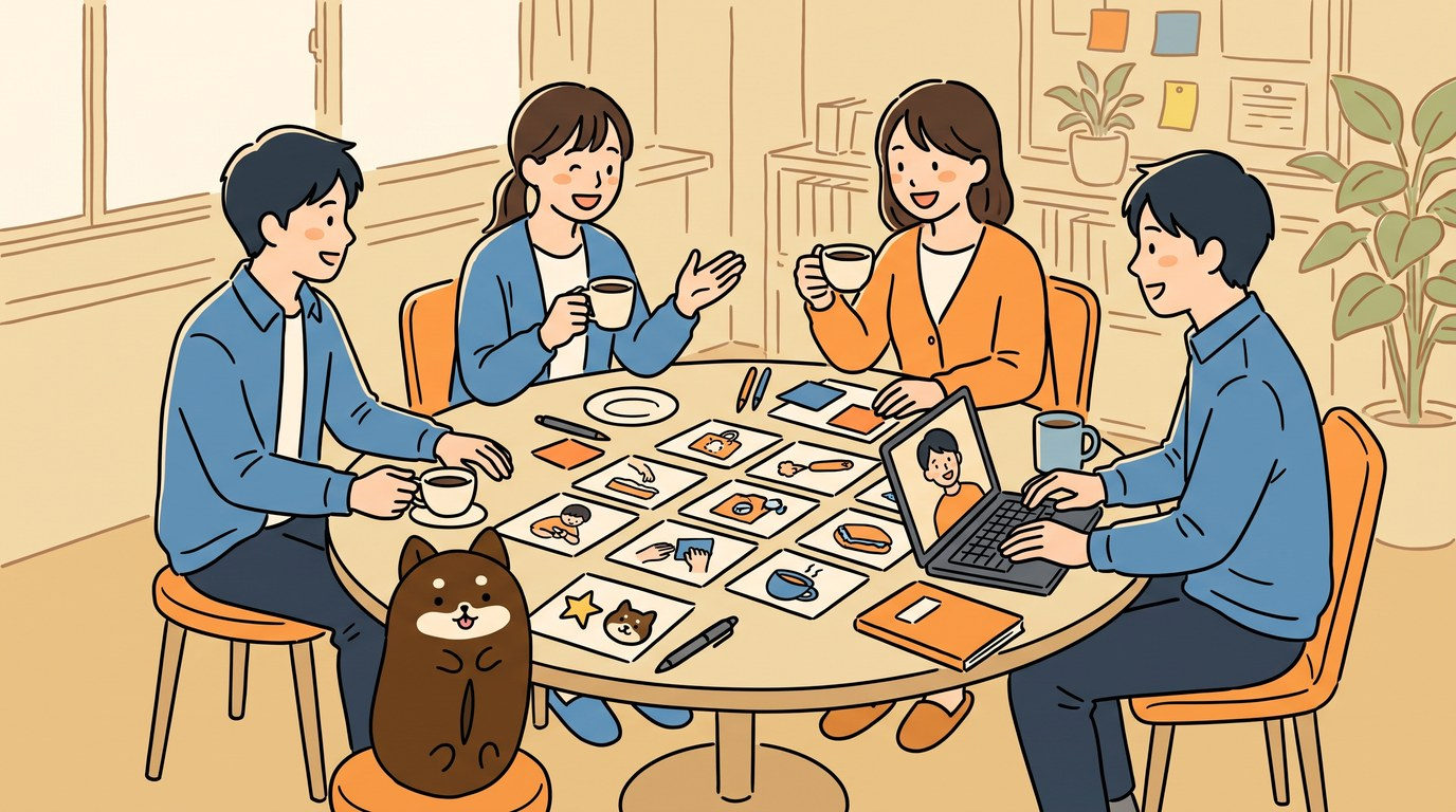 職員が円になってコーヒーを片手に話し合い、ノートパソコンの画面で遠くの仲間ともつながっているイメージ