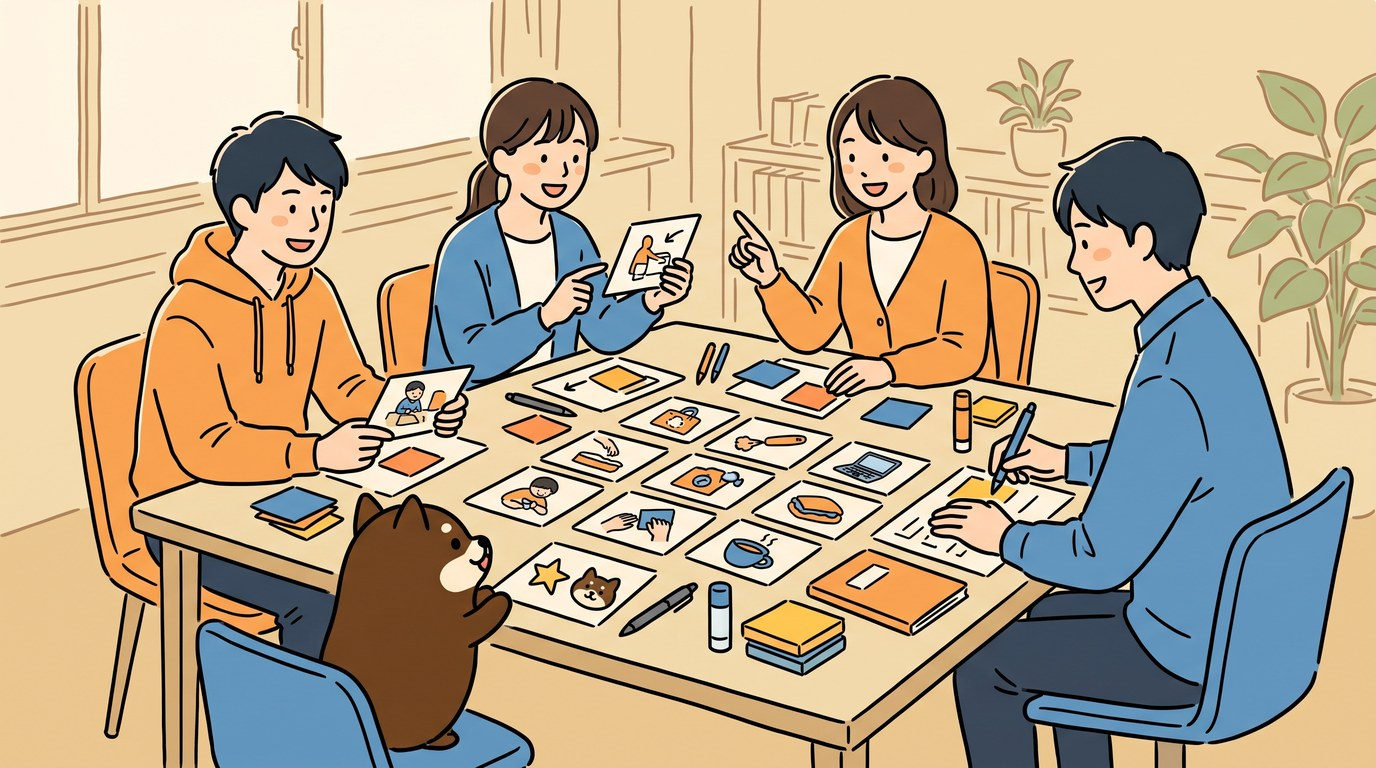 職員が机を囲んで絵カードや手順カードを並べ、付箋で直し合い、マスコットが見上げているイメージ