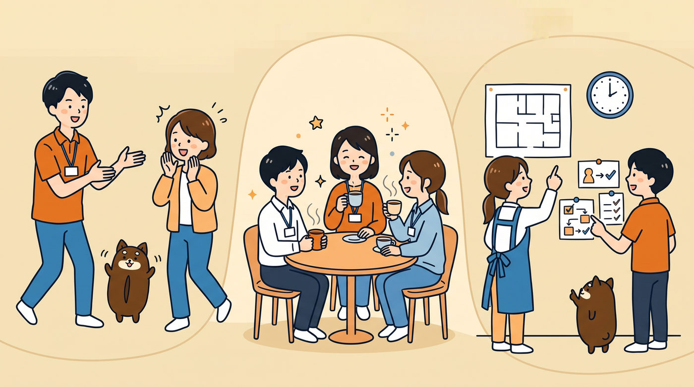 体験する、話す、自分たちの現場で考える、という体験型ワークショップの3つの場面
