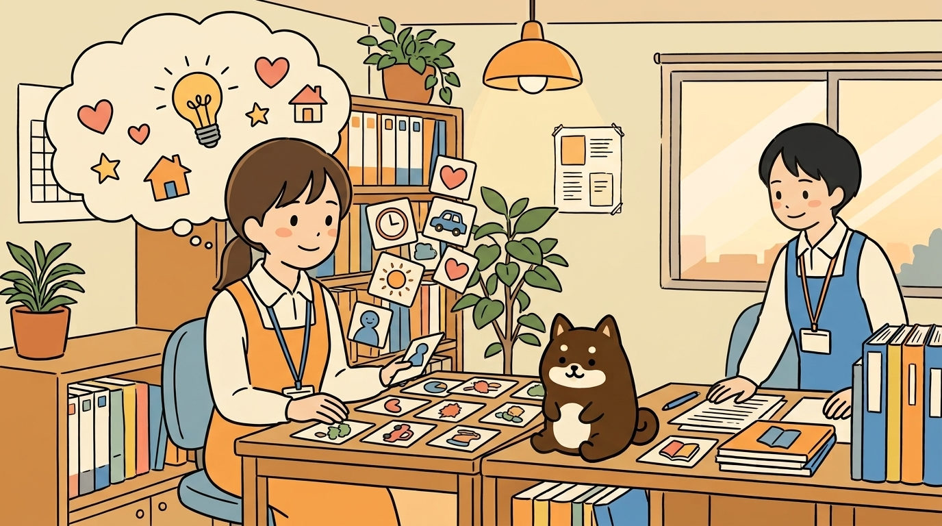 職員の頭の中のアイデアが、机の上の絵カードになって見える形に出てくる様子を、仲間と柴犬のマスコットが見ているイメージ