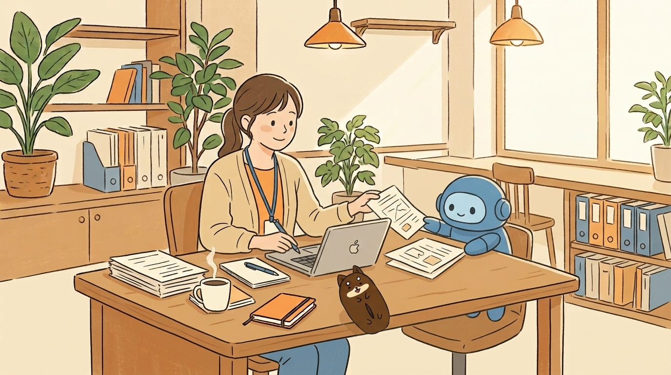 AIロボットが差し出した下書きを、職員がペンを手に確認しているイメージ。決めるのは、いつも人