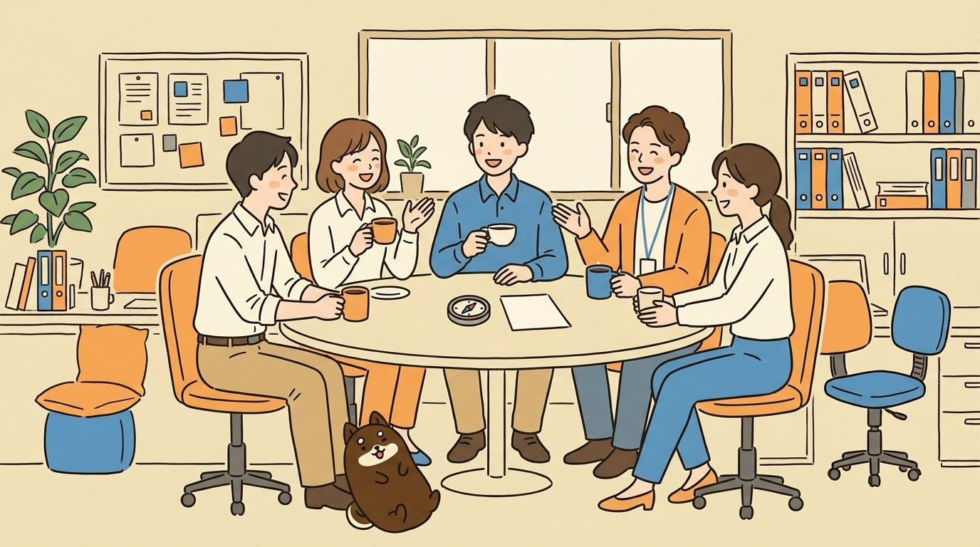 職員たちがコーヒーを片手に丸いテーブルを囲み、方位磁石を真ん中に置いて話し合っているイメージ