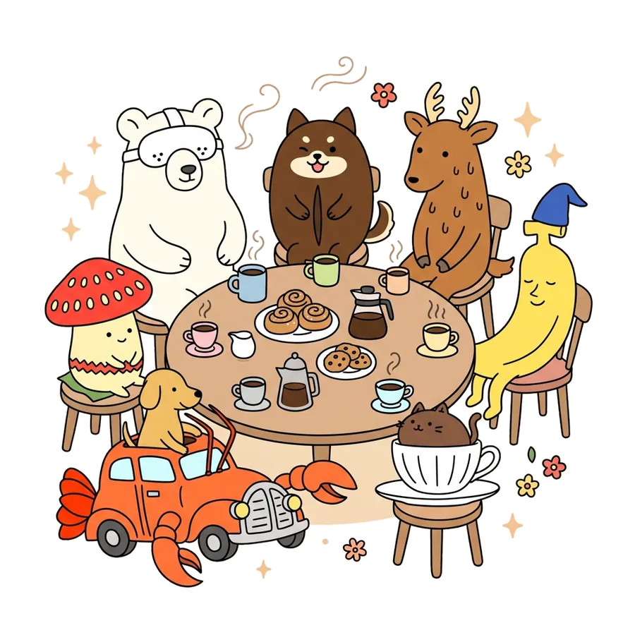 キャラクターたちが丸いテーブルを囲み、それぞれのカップとおやつでFIKAをしているイラスト